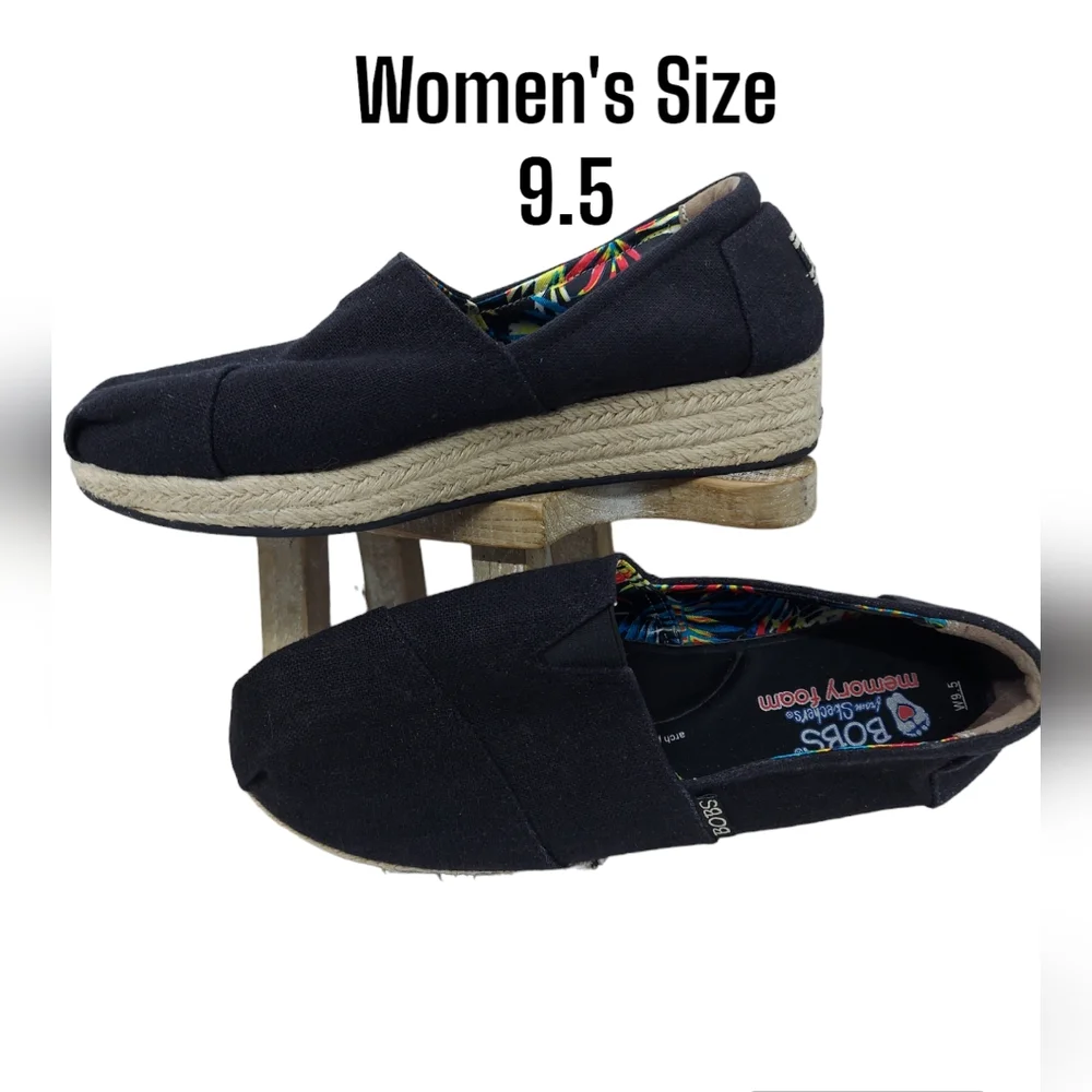 BOBS From Skechers Black Canvas Espadrilles Slip-On Shoes Women's Size 9.5